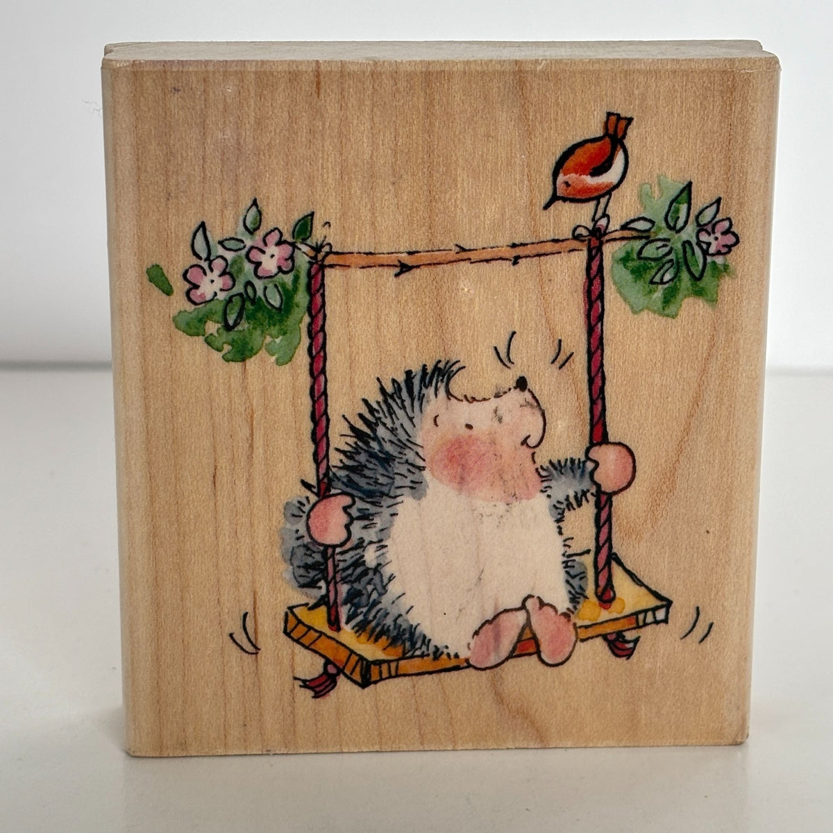 Penny Black Rubber Stamp Hedgehog on Swing Friendly Surprise Bird Cardmaking Art Wood Mounted