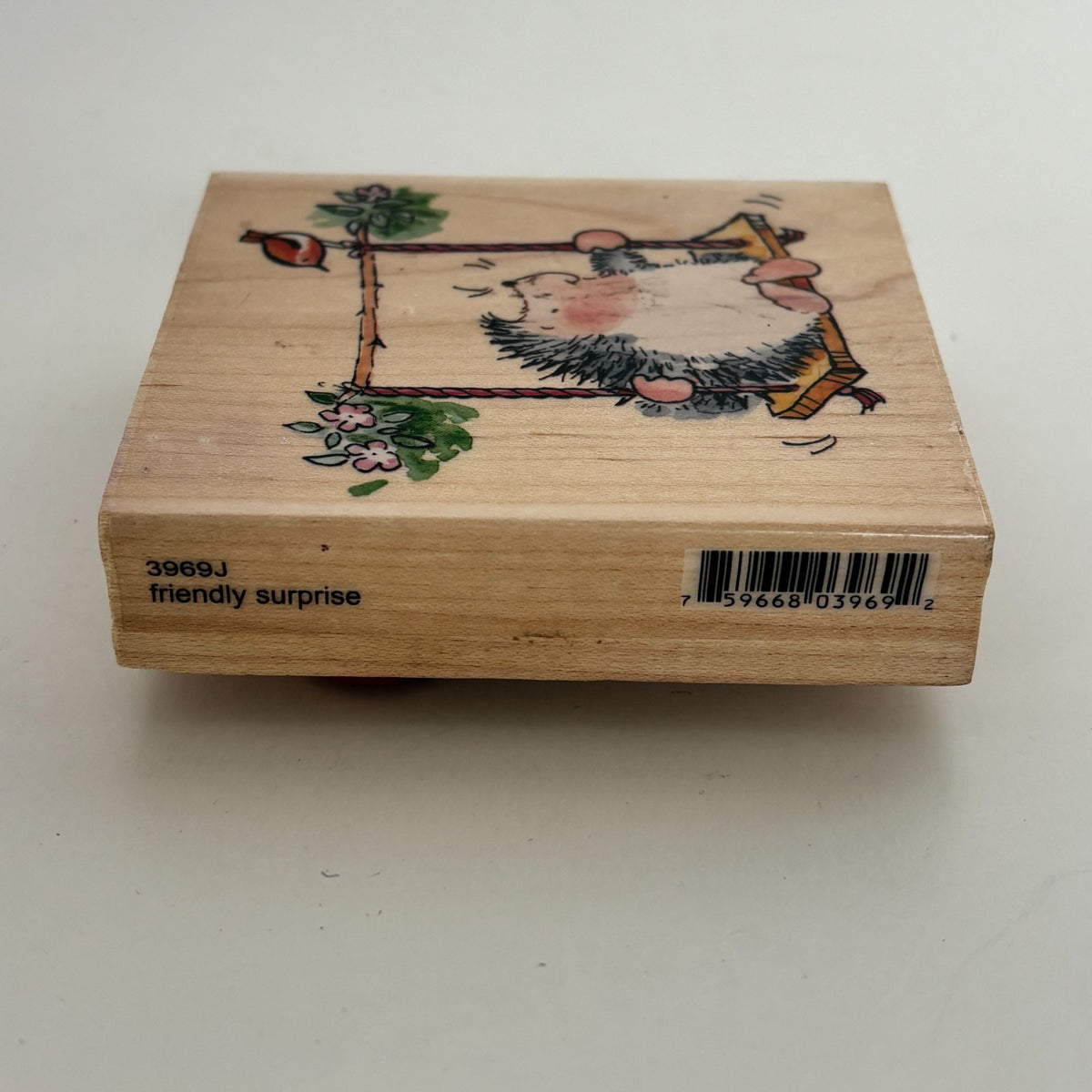 Penny Black Rubber Stamp Hedgehog on Swing Friendly Surprise Bird Cardmaking Art Wood Mounted