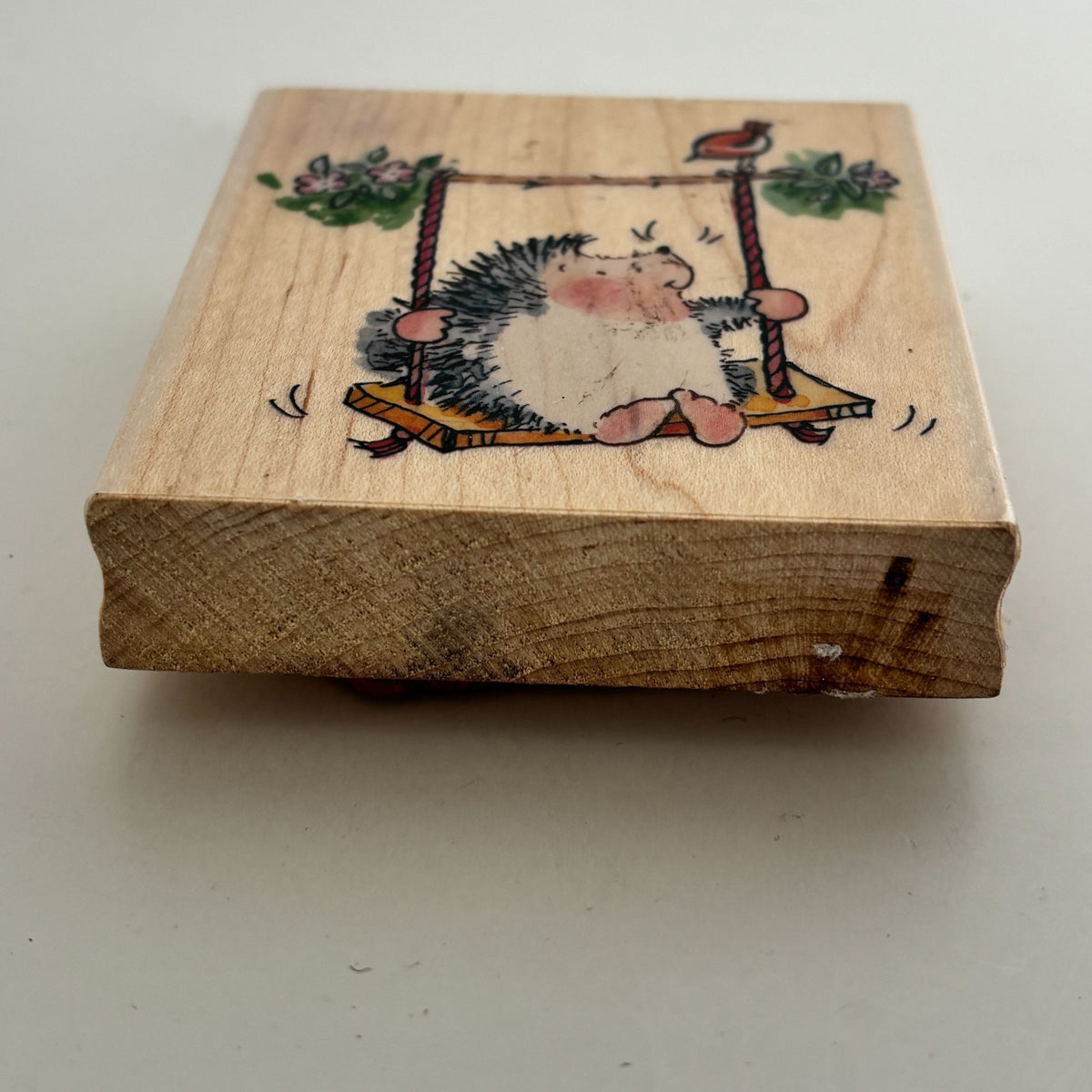 Penny Black Rubber Stamp Hedgehog on Swing Friendly Surprise Bird Cardmaking Art Wood Mounted