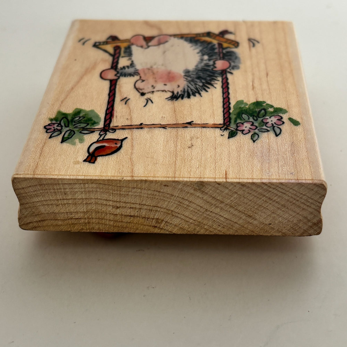 Penny Black Rubber Stamp Hedgehog on Swing Friendly Surprise Bird Cardmaking Art Wood Mounted