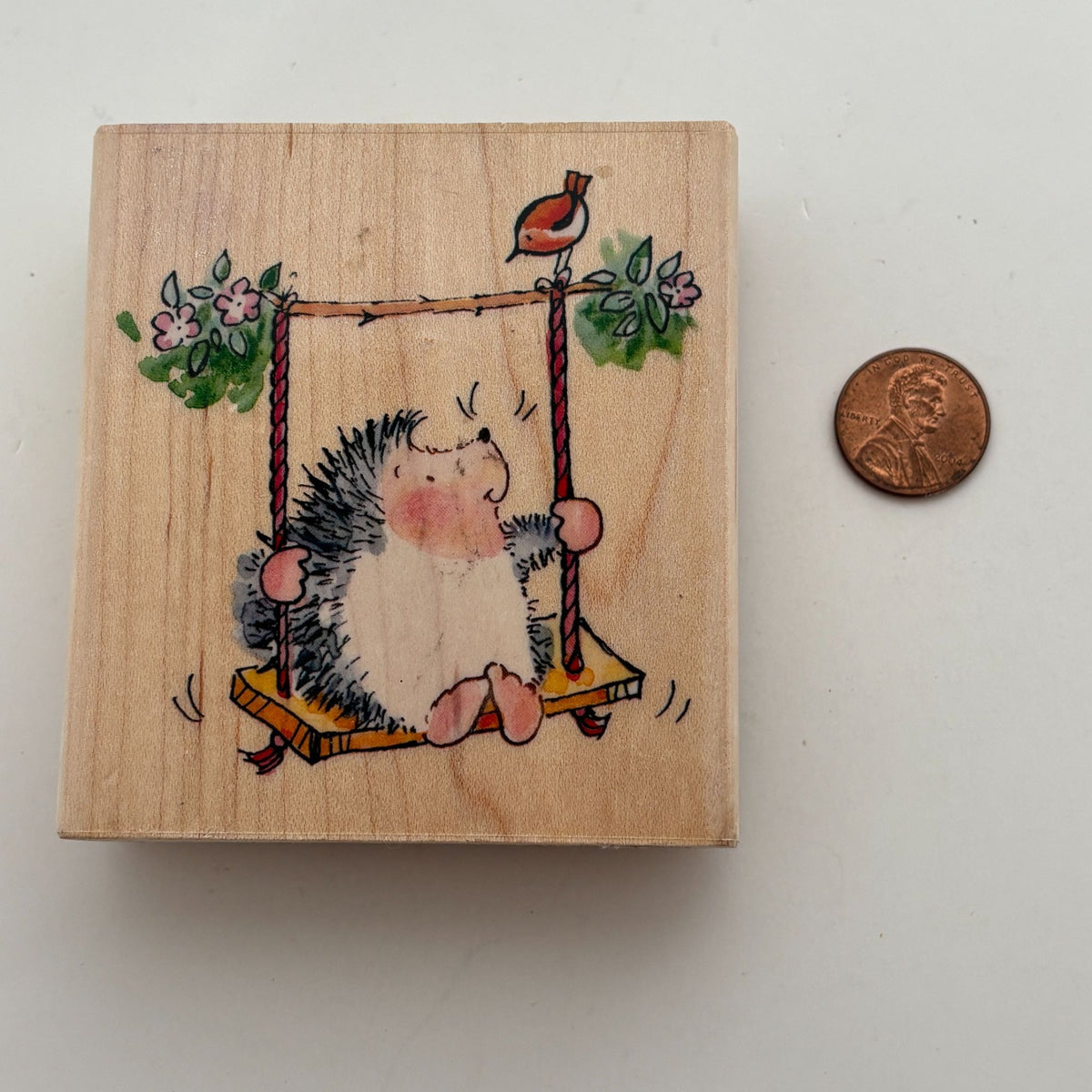 Penny Black Rubber Stamp Hedgehog on Swing Friendly Surprise Bird Cardmaking Art Wood Mounted