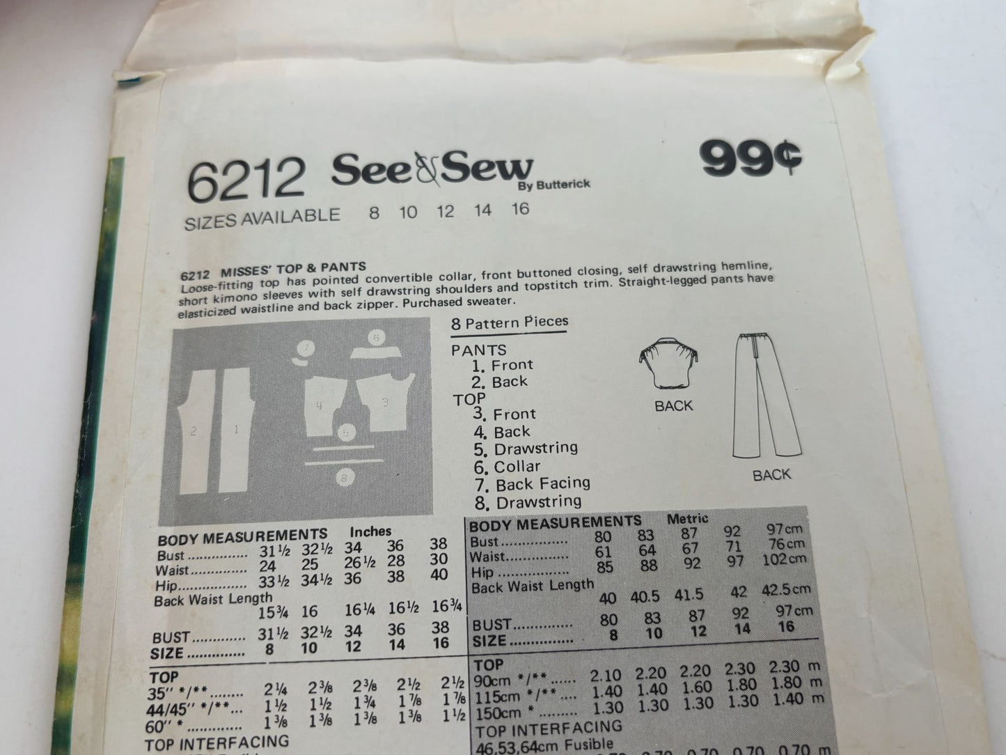 Butterick Sewing Pattern 6212 Top Straight Legged Pants Outfit 12 Vintage 80s UC