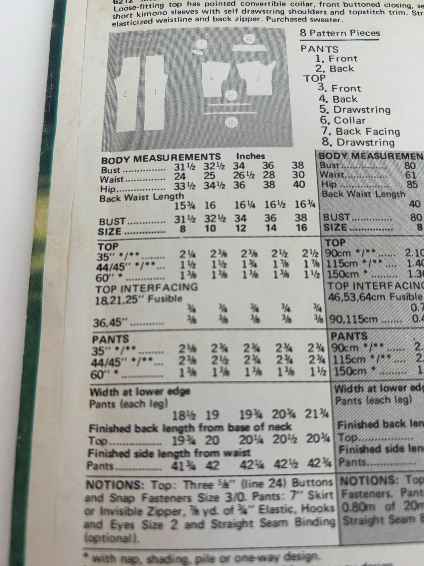 Butterick Sewing Pattern 6212 Top Straight Legged Pants Outfit 12 Vintage 80s UC