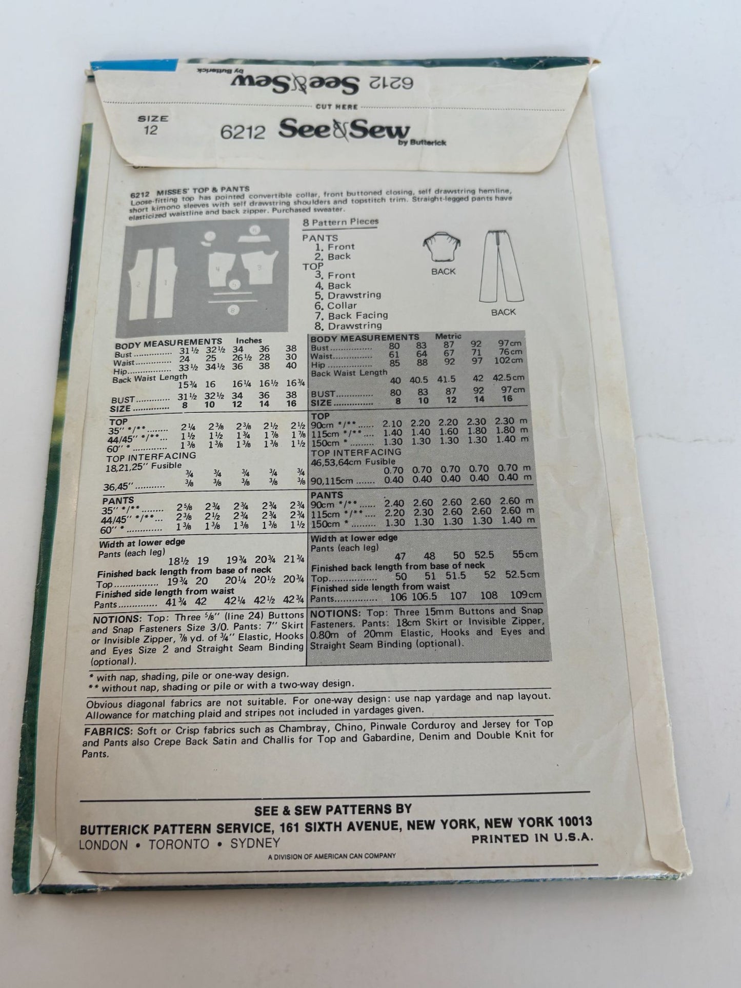 Butterick Sewing Pattern 6212 Top Straight Legged Pants Outfit 12 Vintage 80s UC