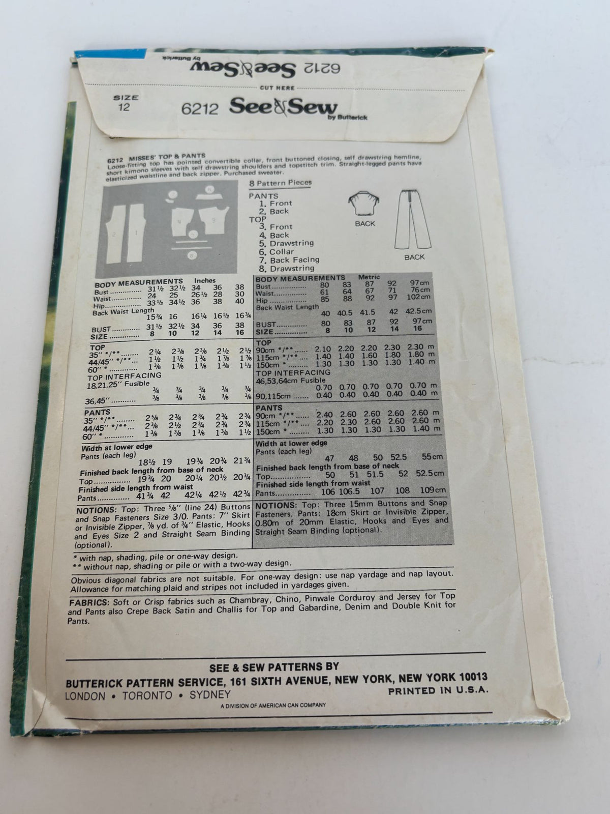 Butterick Sewing Pattern 6212 Top Straight Legged Pants Outfit 12 Vintage 80s UC