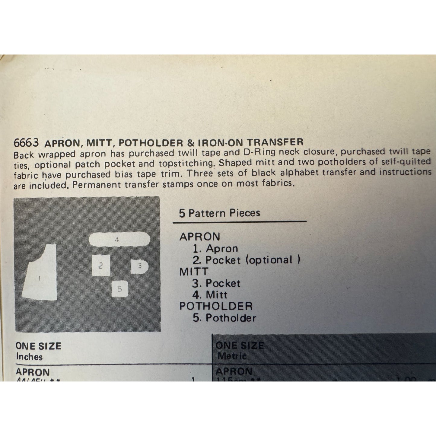 Butterick Sewing Pattern 6663 Kitchen Apron Potholder Baking Vintage 1980s Uncut