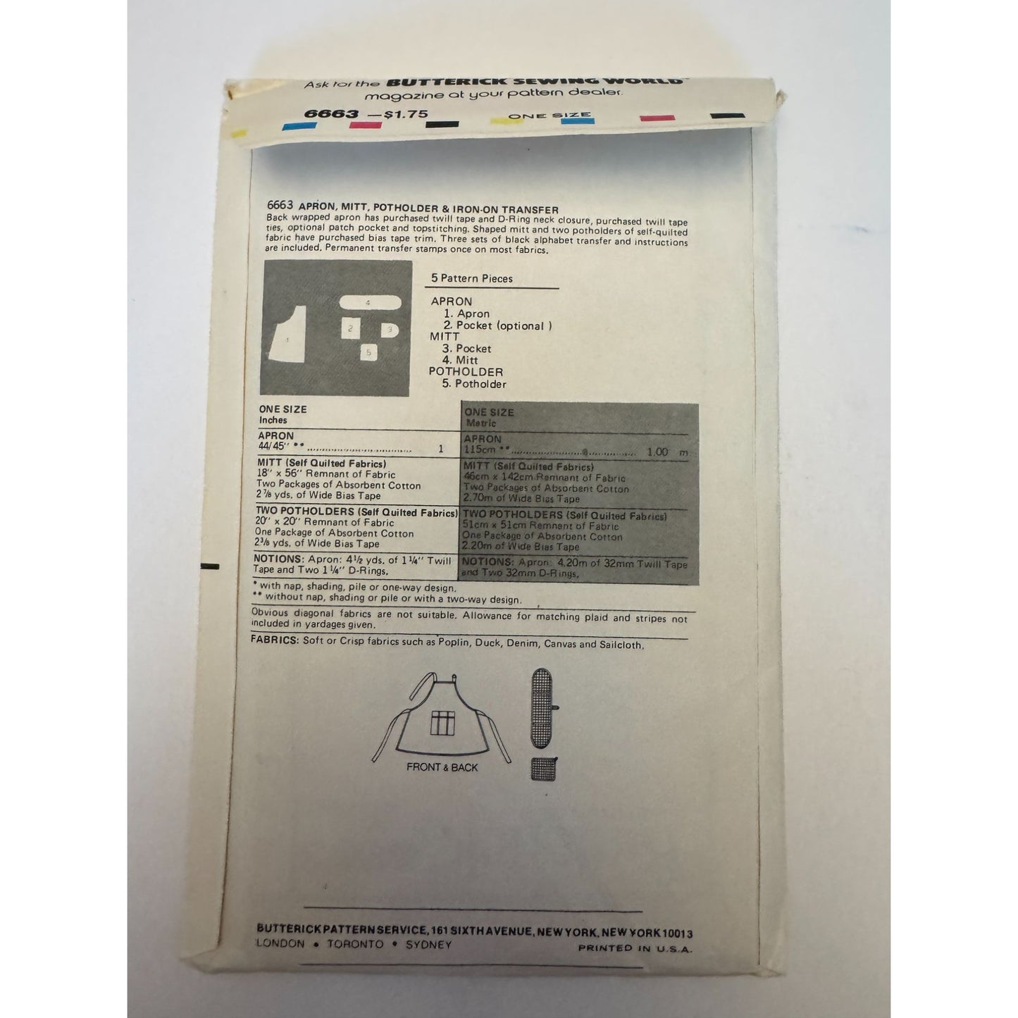 Butterick Sewing Pattern 6663 Kitchen Apron Potholder Baking Vintage 1980s Uncut