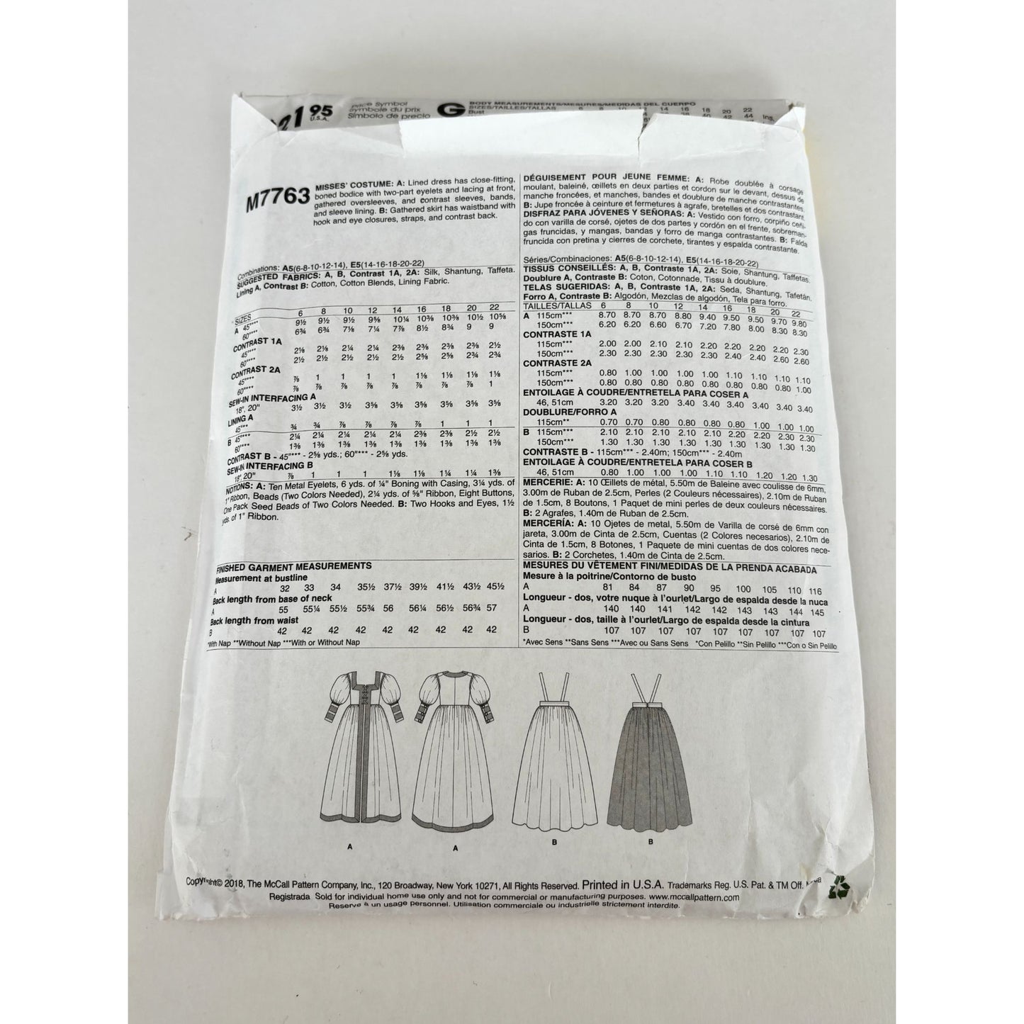 McCalls M7763 Historical Dress Sewing Pattern Colonial Costume Angela Clayton 14-22 Uncut