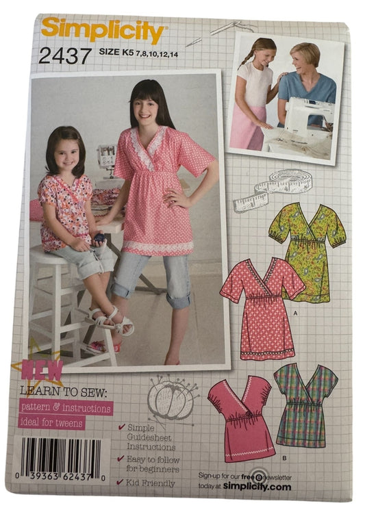 Simplicity Sewing Pattern 2437 Tween Girls Top Shirt Learn to Sew Sizes 7-14 UC