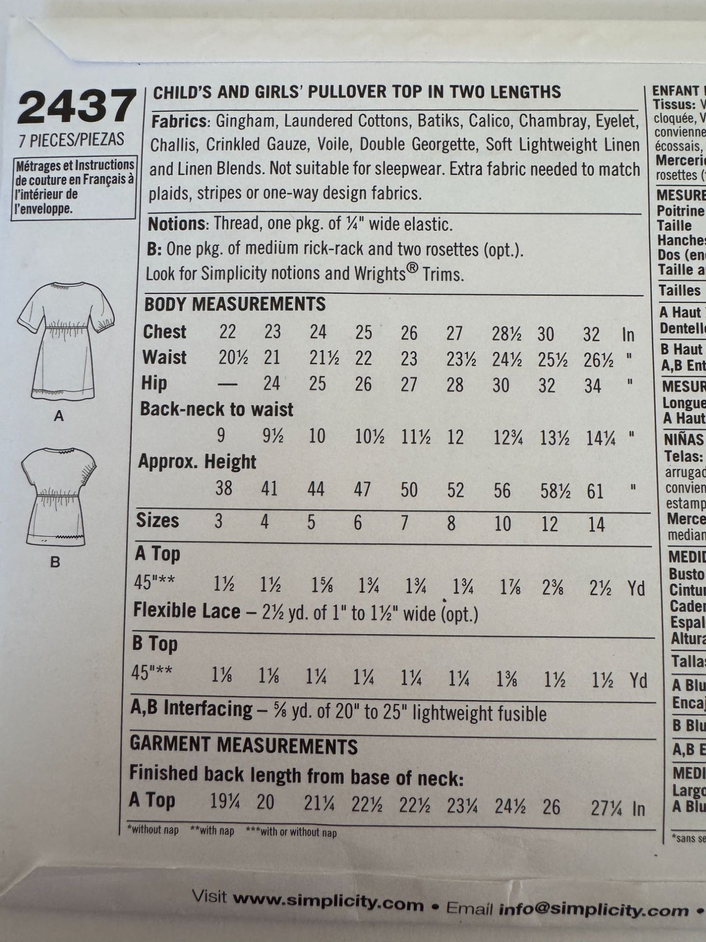 Simplicity Sewing Pattern 2437 Tween Girls Top Shirt Learn to Sew Sizes 7-14 UC