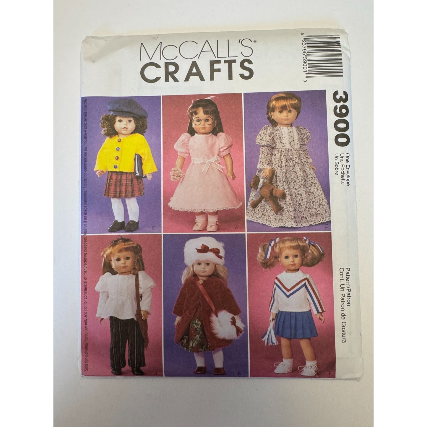 McCalls Sewing Pattern 3900 Doll Wardrobe Dress Coat Cheerleader Pajamas Y2K 18" Uncut