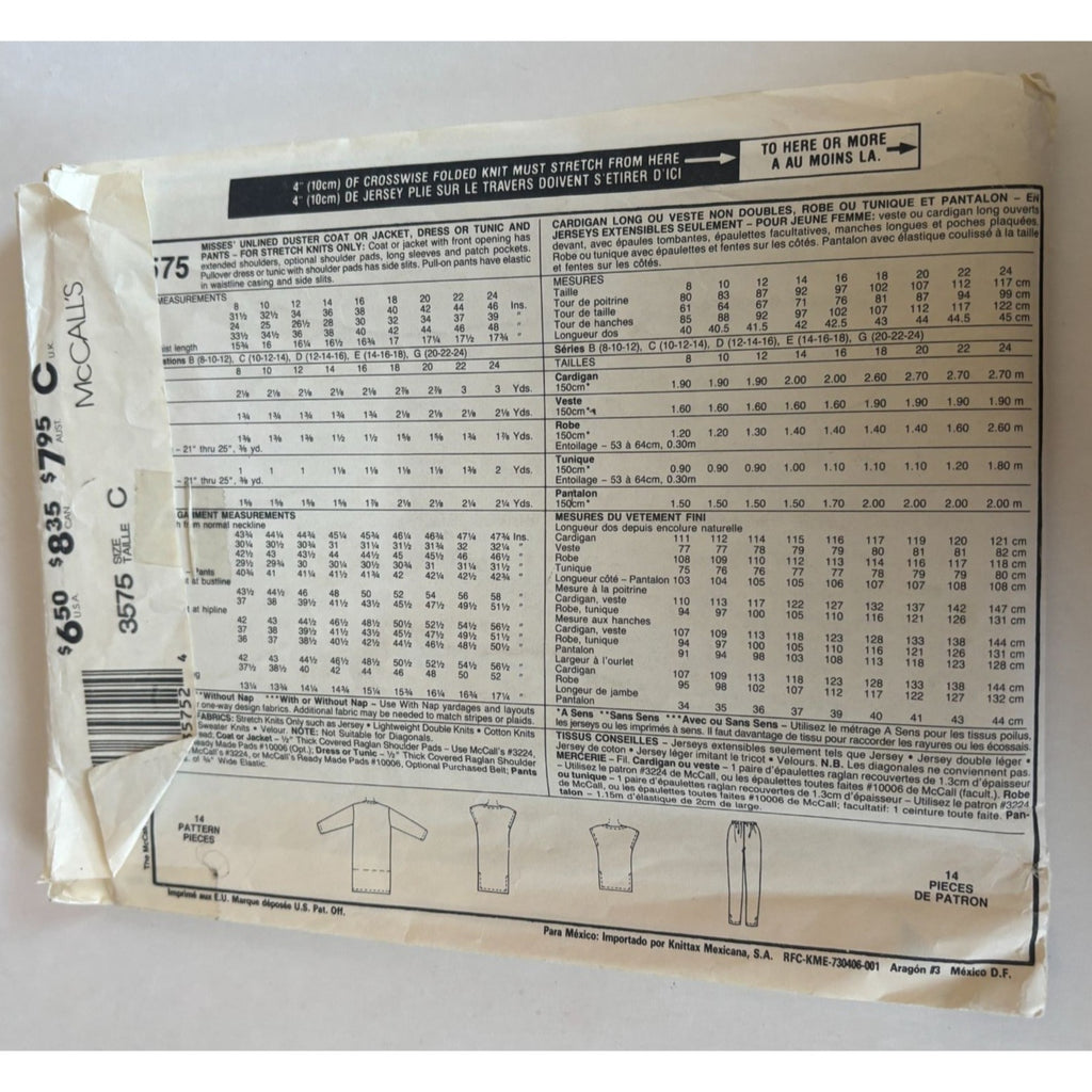 McCalls Sewing Pattern 3575 Duster Coat Dress Tunic Pants Jacket Work 10-14 UC