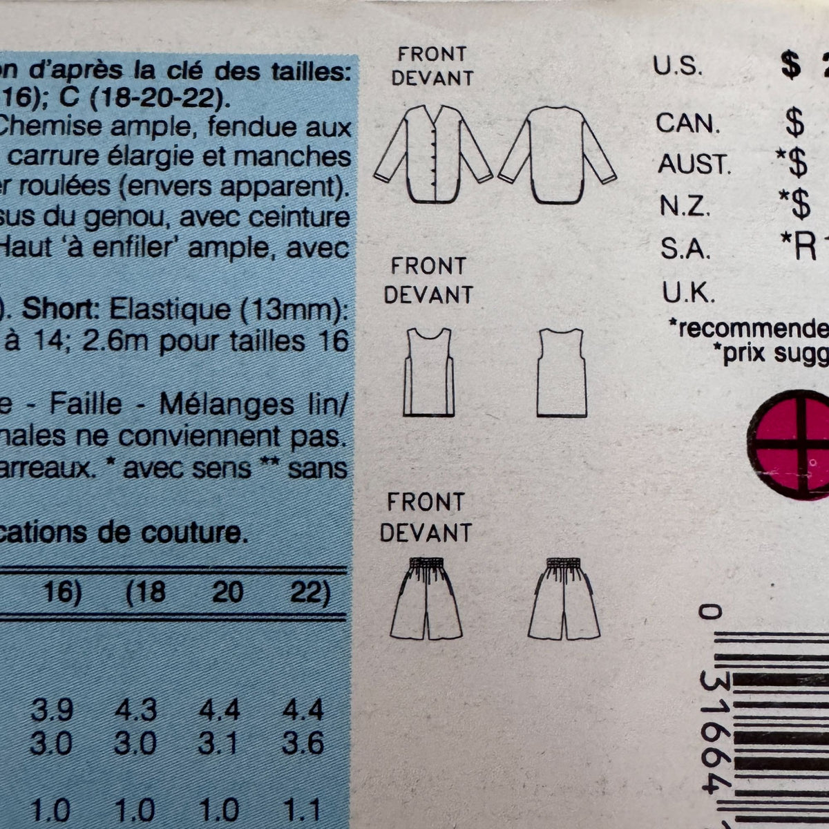 Butterick Sewing Pattern 6888 Loose-Fit Shirt Shorts Top Summer 12-16 Uncut Easy 1990s Vintage