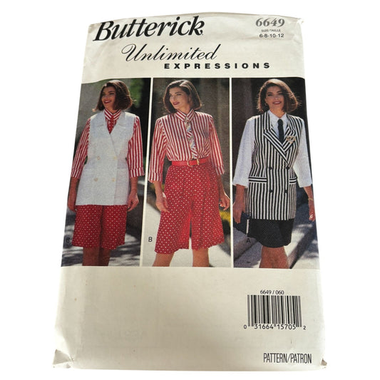 Butterick Sewing Pattern 6649 Vest Shirt Shorts Tie 90s Vintage Preppy 6-12 UC