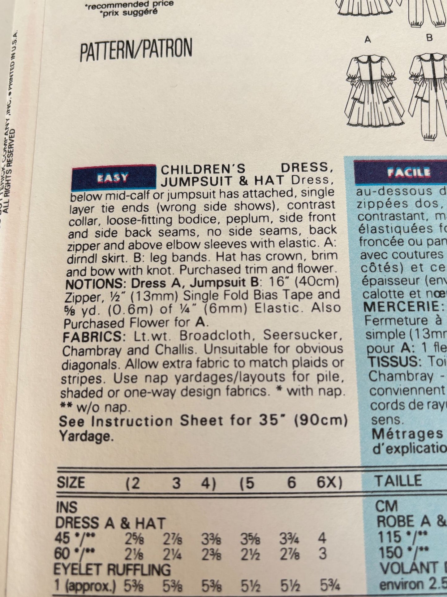 Butterick Sewing Pattern 6671 Girls Dress Romper Hat Easter Spring 90s 2 3 4 Uncut