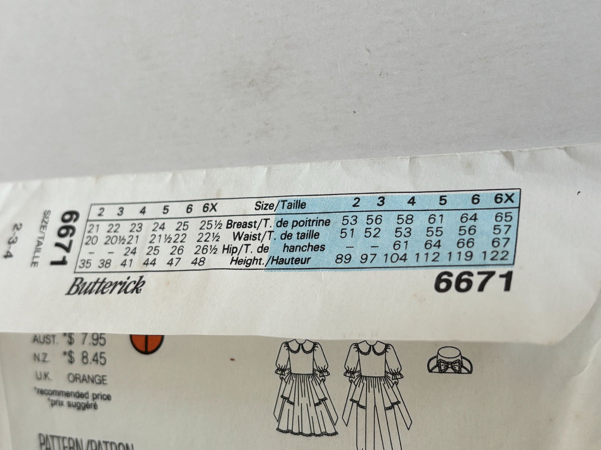 Butterick Sewing Pattern 6671 Girls Dress Romper Hat Easter Spring 90s 2 3 4 Uncut