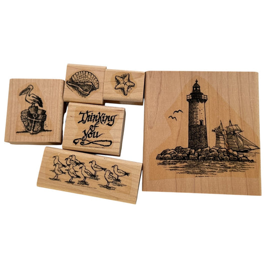 Stampin Up Rubber Stamps Calm Seas Nautical Lighthouse Seagulls Pelican Set 6