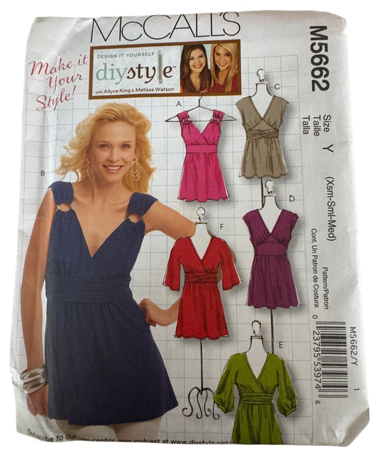 McCalls Sewing Pattern M5662 V-Neck Top Dress Tunic Shirt XS S M DIY Style UC