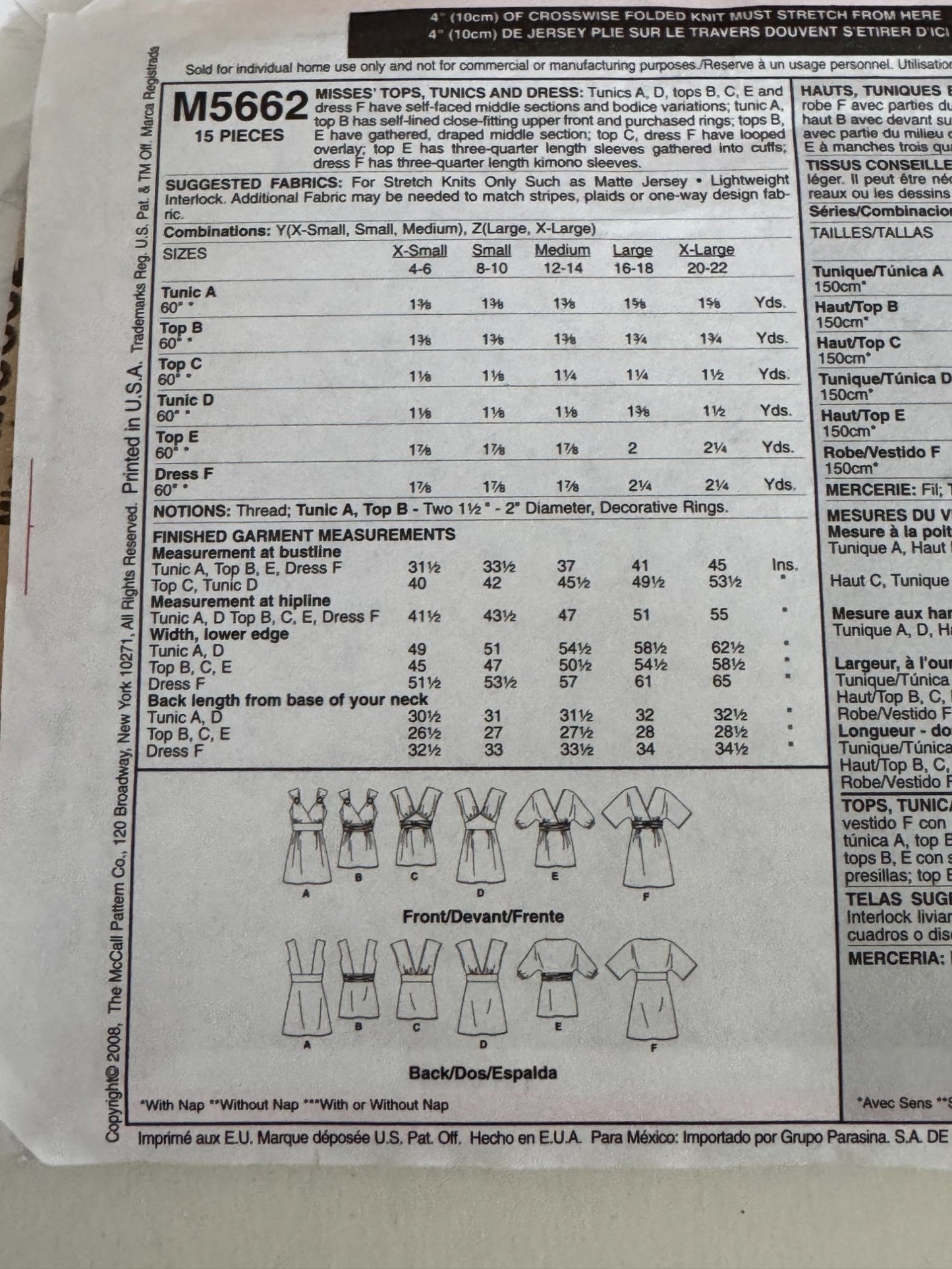 McCalls Sewing Pattern M5662 V-Neck Top Dress Tunic Shirt XS S M DIY Style UC