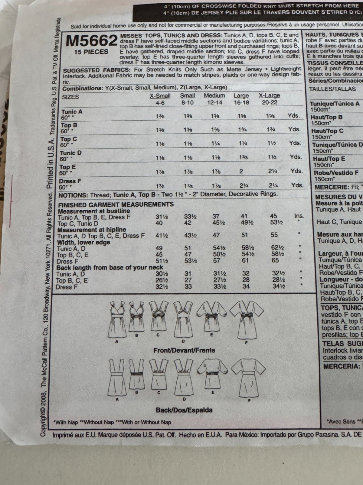 McCalls Sewing Pattern M5662 V-Neck Top Dress Tunic Shirt XS S M DIY Style UC