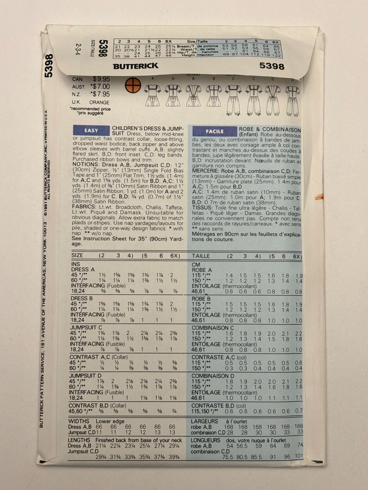 Butterick Sewing Pattern 5398 Romper Dress Jumpsuit Toddler Girls 2 3 4 1990s UC