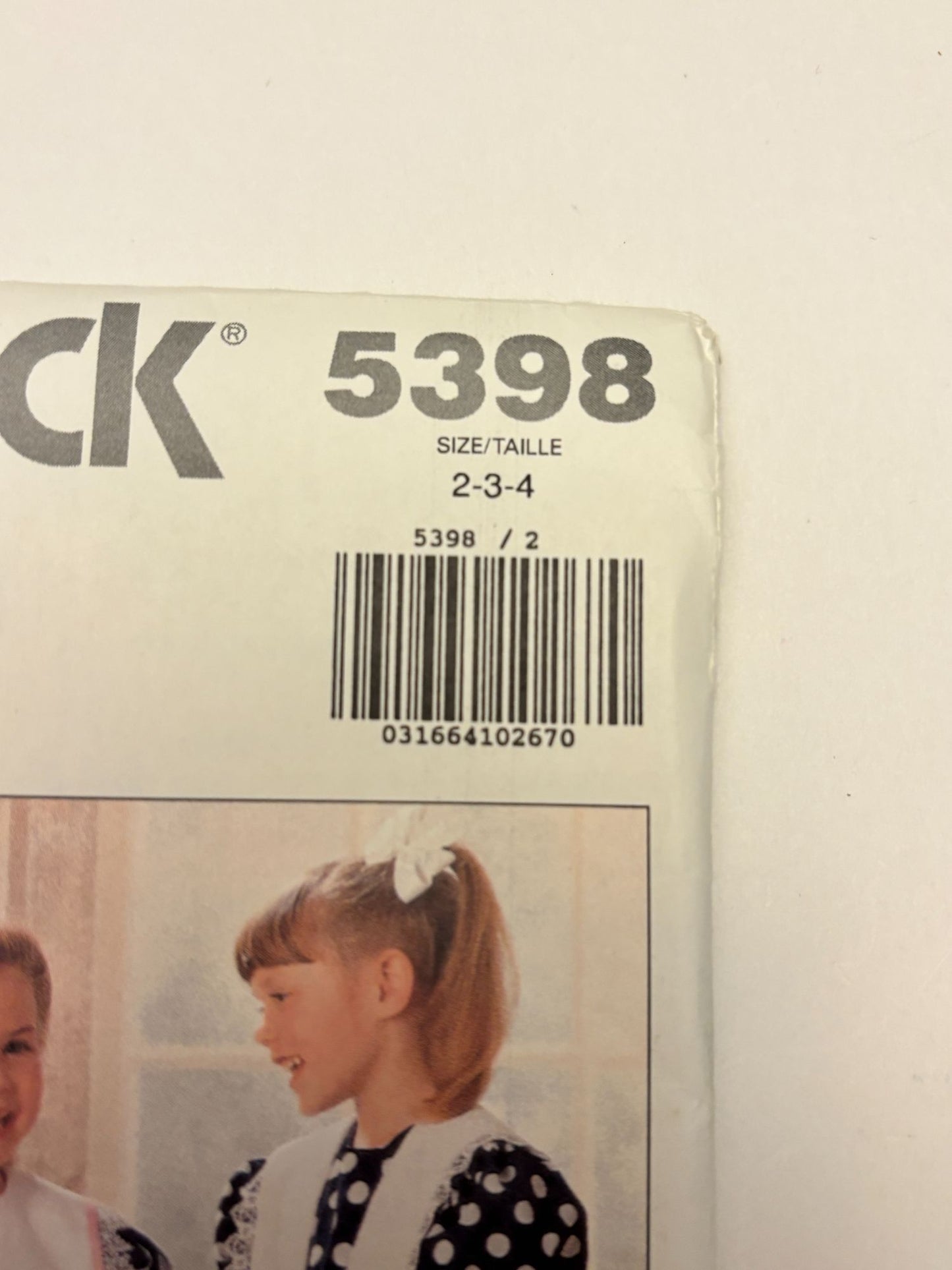 Butterick Sewing Pattern 5398 Romper Dress Jumpsuit Toddler Girls 2 3 4 1990s UC