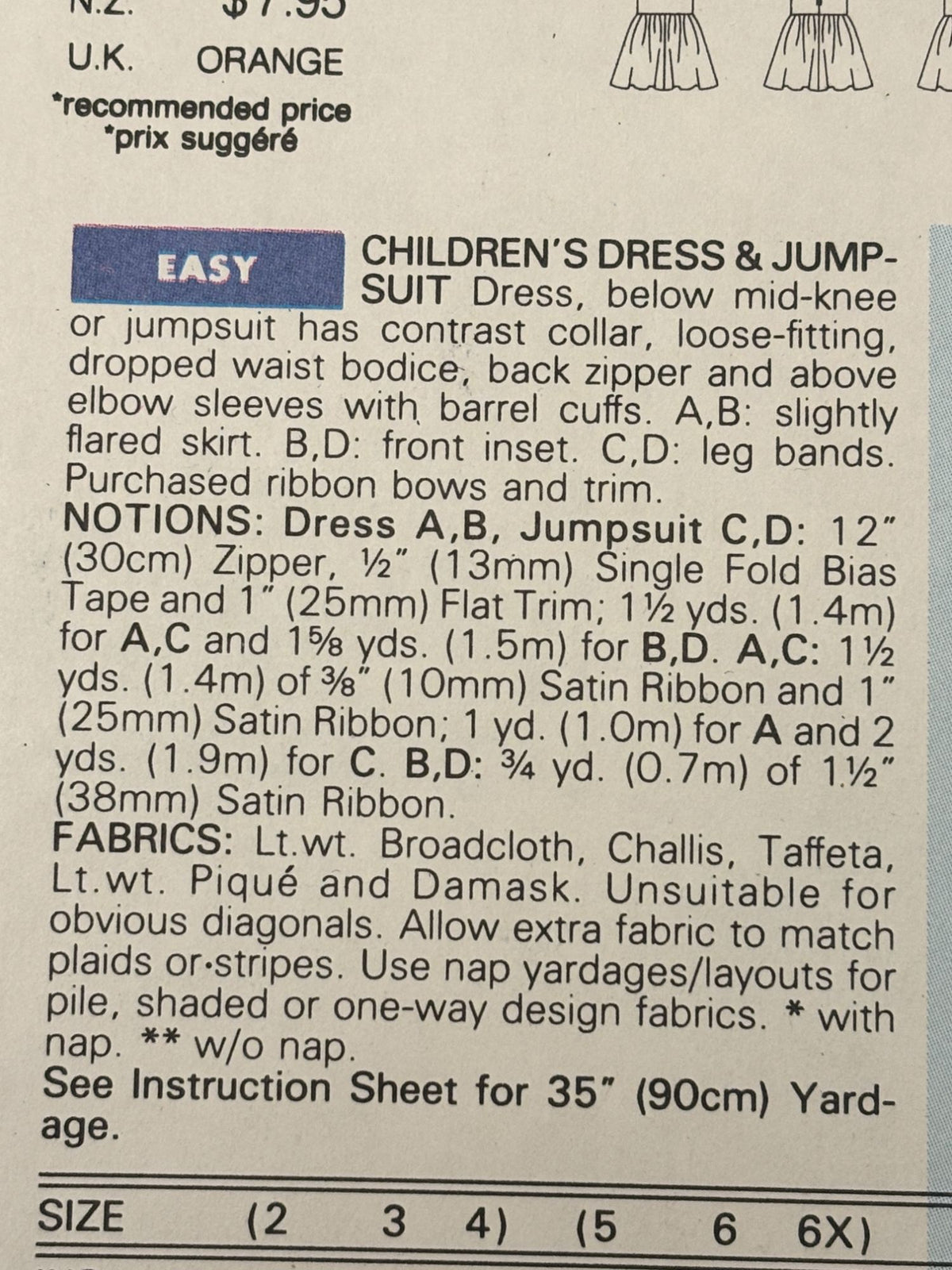 Butterick Sewing Pattern 5398 Romper Dress Jumpsuit Toddler Girls 2 3 4 1990s UC