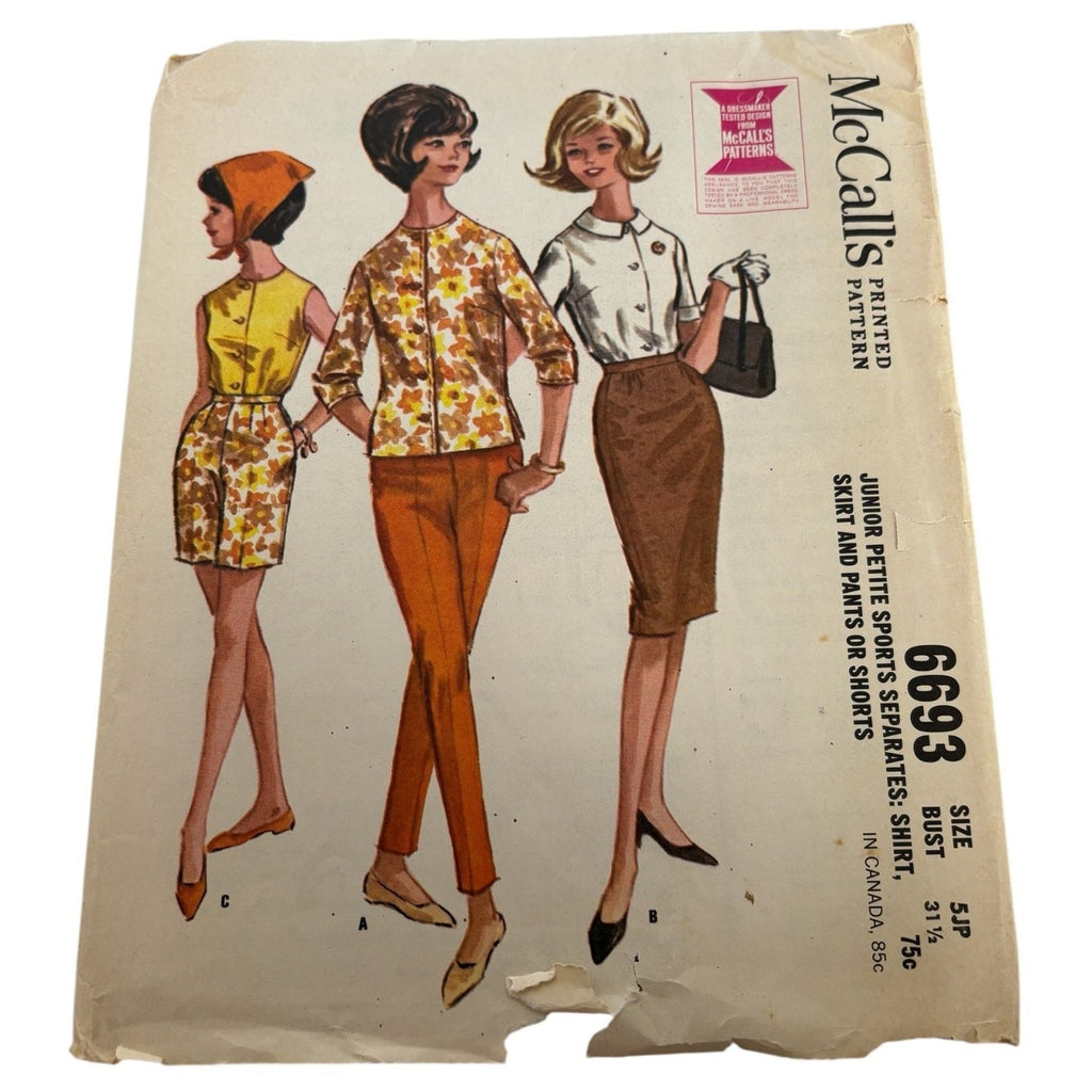 McCalls Sewing Pattern 6693 Junior Petite Shirt Skirt Pants Shorts 5JP 1962