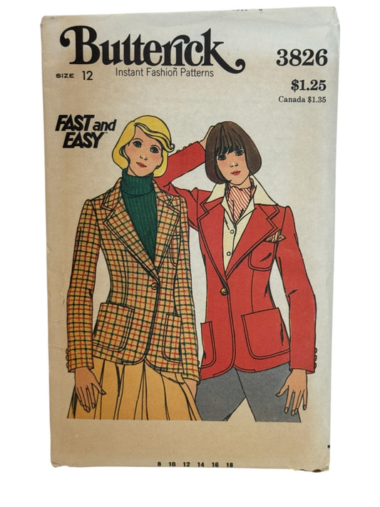Butterick Sewing Pattern 3826 Jacket Blazer Vintage Size 12 Easy Notched Collar