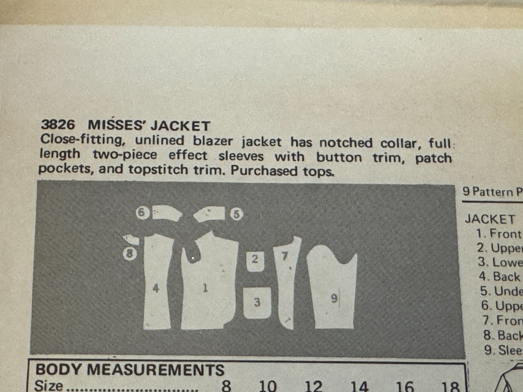 Butterick Sewing Pattern 3826 Jacket Blazer Vintage Size 12 Easy Notched Collar