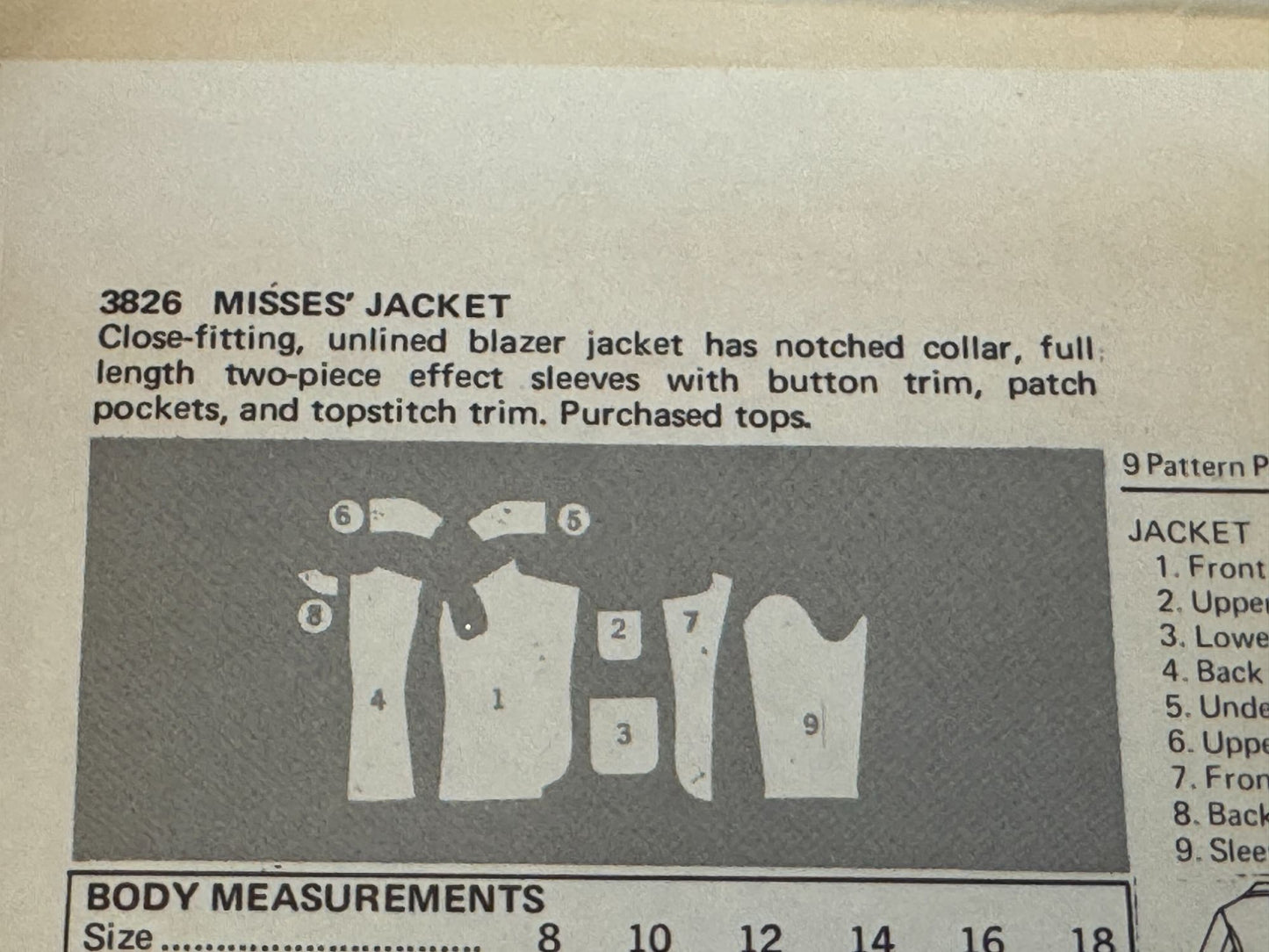 Butterick Sewing Pattern 3826 Jacket Blazer Vintage Size 12 Easy Notched Collar