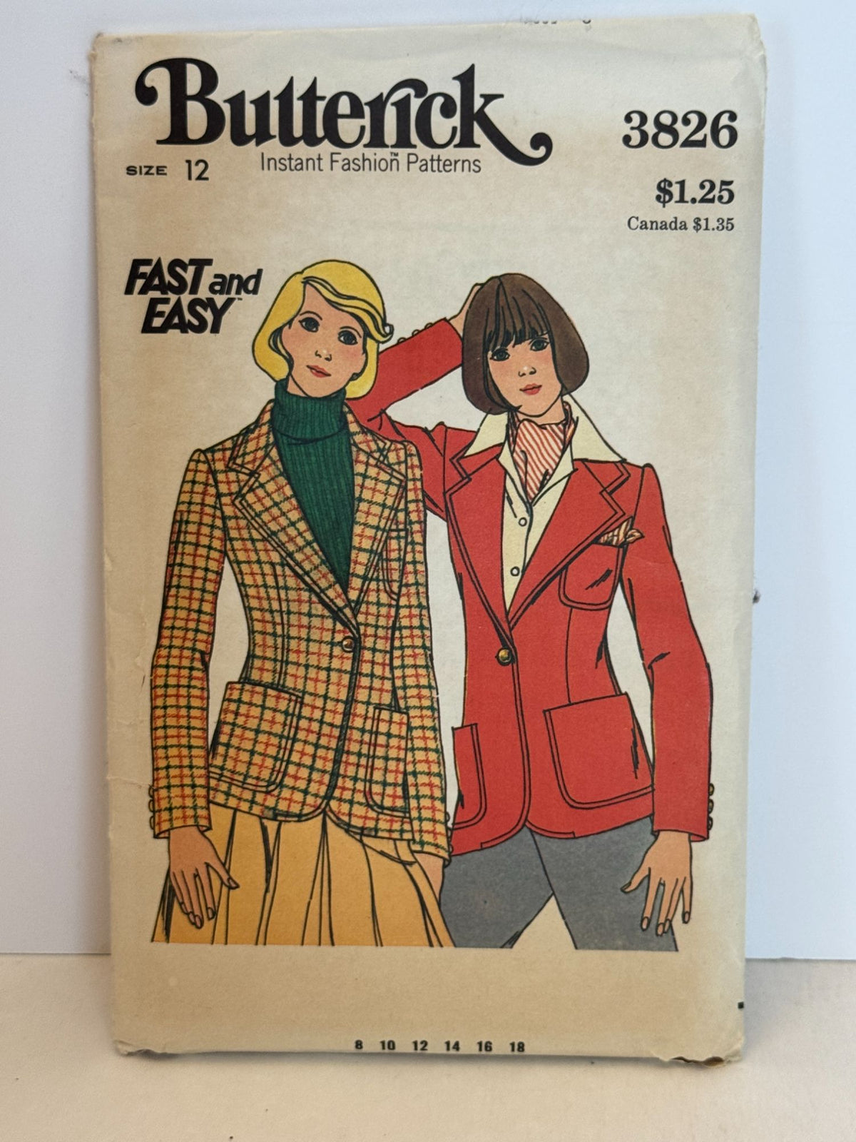 Butterick Sewing Pattern 3826 Jacket Blazer Vintage Size 12 Easy Notched Collar
