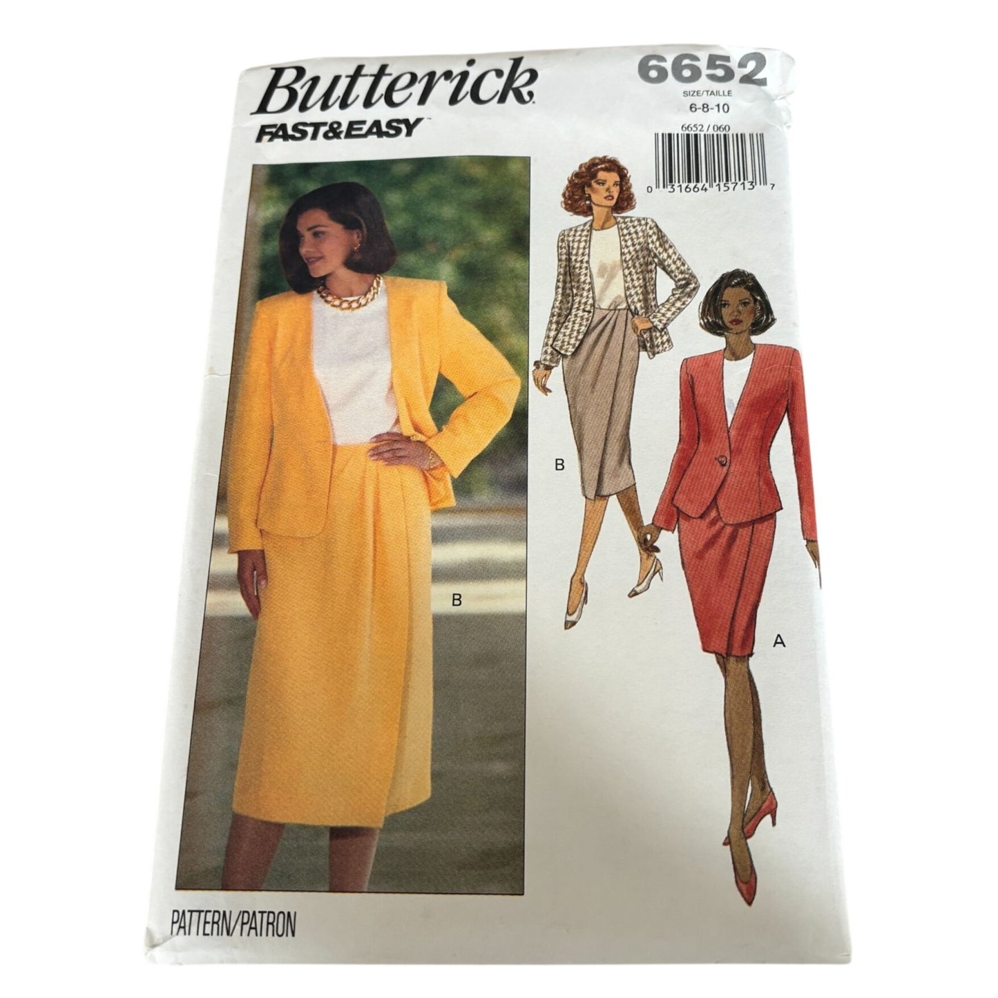Butterick Sewing Pattern 6652 90s Power Suit Jacket Skirt Set Easy 6 8 10 Uncut