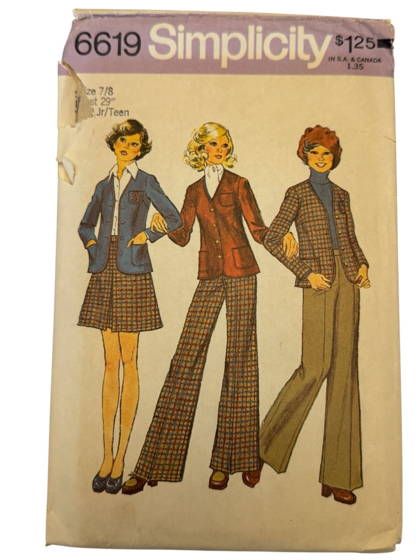 Simplicity Sewing Pattern 6619 Vintage 1970s Juniors Teen Outfit Skirt Preppy UC