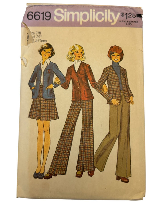 Simplicity Sewing Pattern 6619 Vintage 1970s Juniors Teen Outfit Skirt Preppy UC