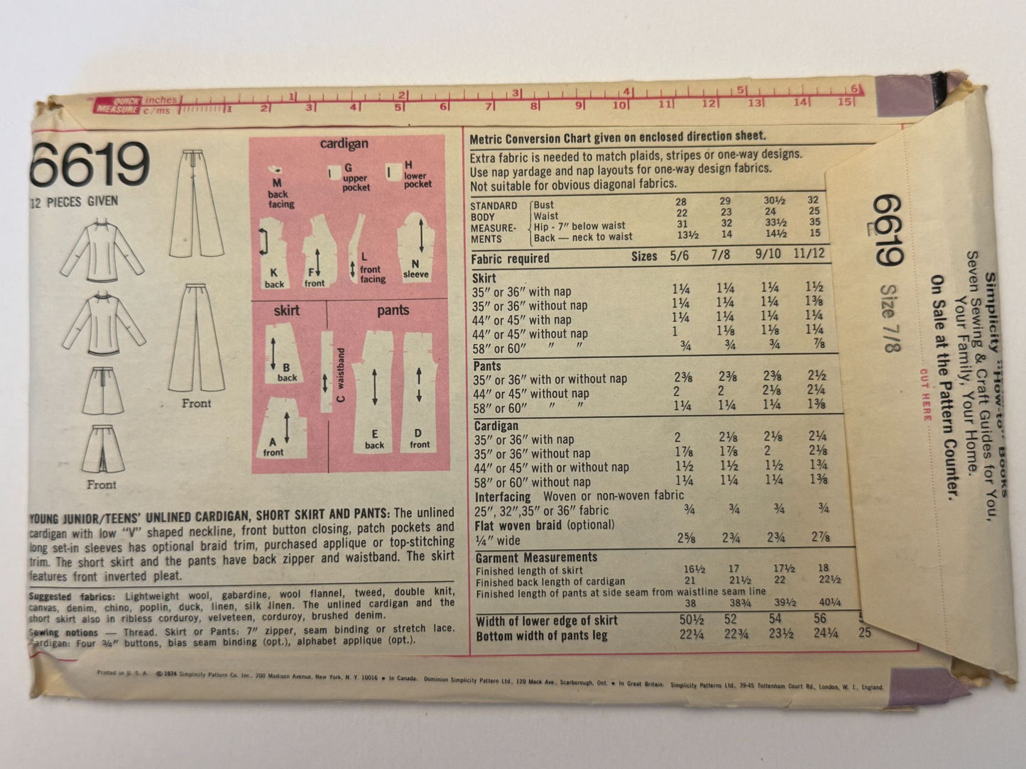 Simplicity Sewing Pattern 6619 Vintage 1970s Juniors Teen Outfit Skirt Preppy UC