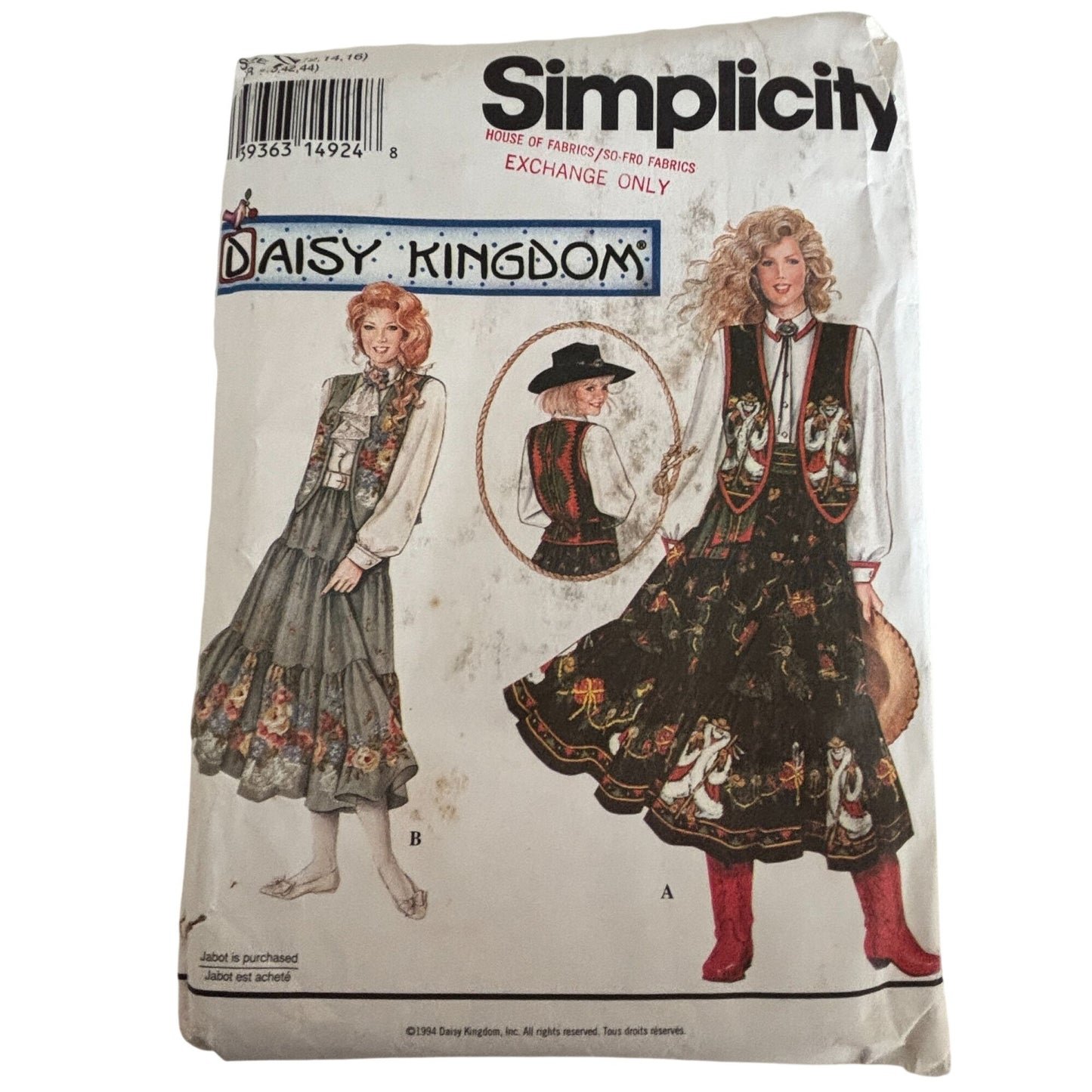 Simplicity Sewing Pattern 8808 Daisy Kingdom Prairie Skirt Western Blouse Vest 12-16 Uncut 1990s