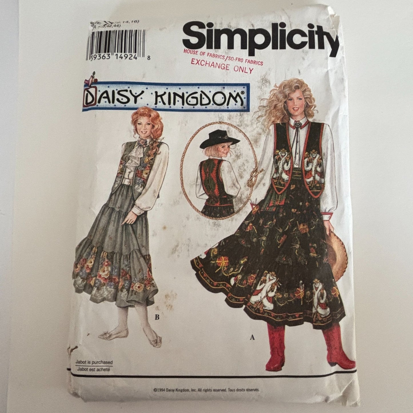 Simplicity Sewing Pattern 8808 Daisy Kingdom Prairie Skirt Western Blouse Vest 12-16 Uncut 1990s