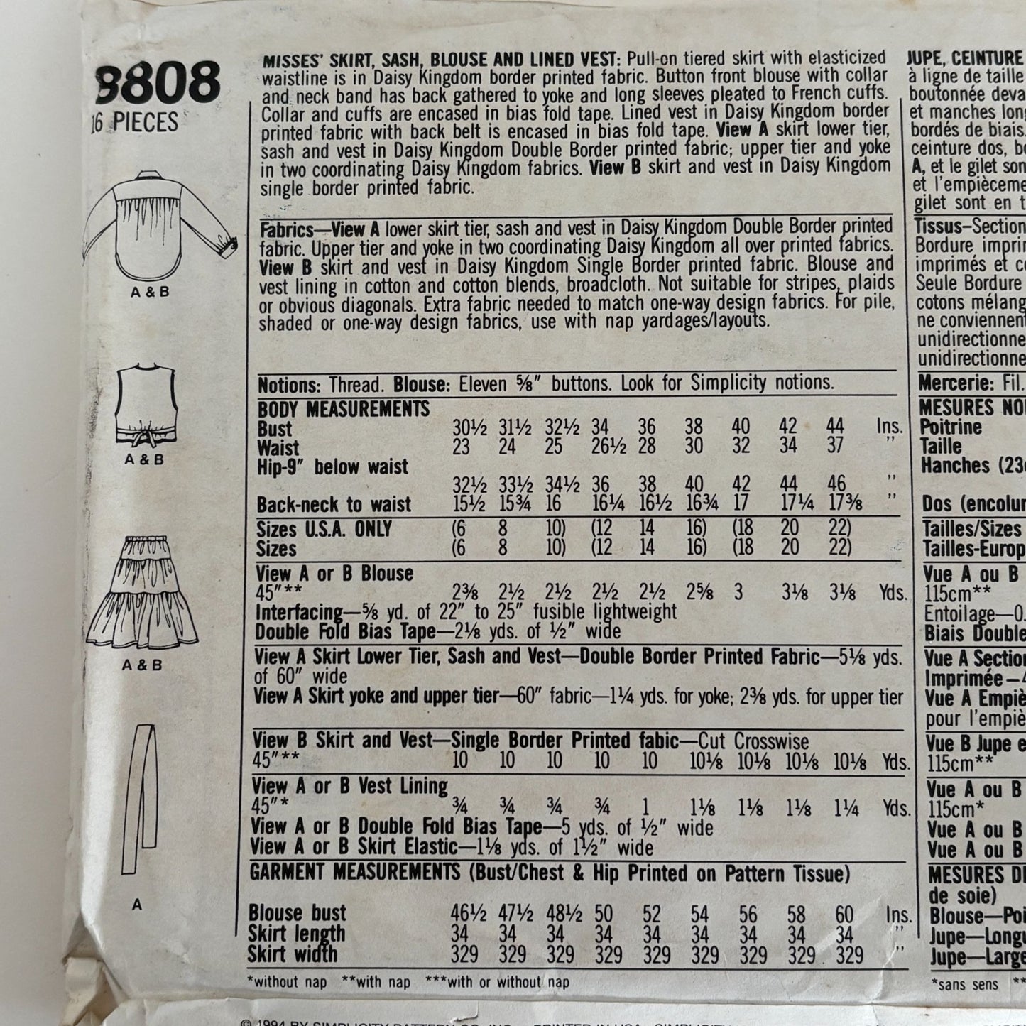 Simplicity Sewing Pattern 8808 Daisy Kingdom Prairie Skirt Western Blouse Vest 12-16 Uncut 1990s