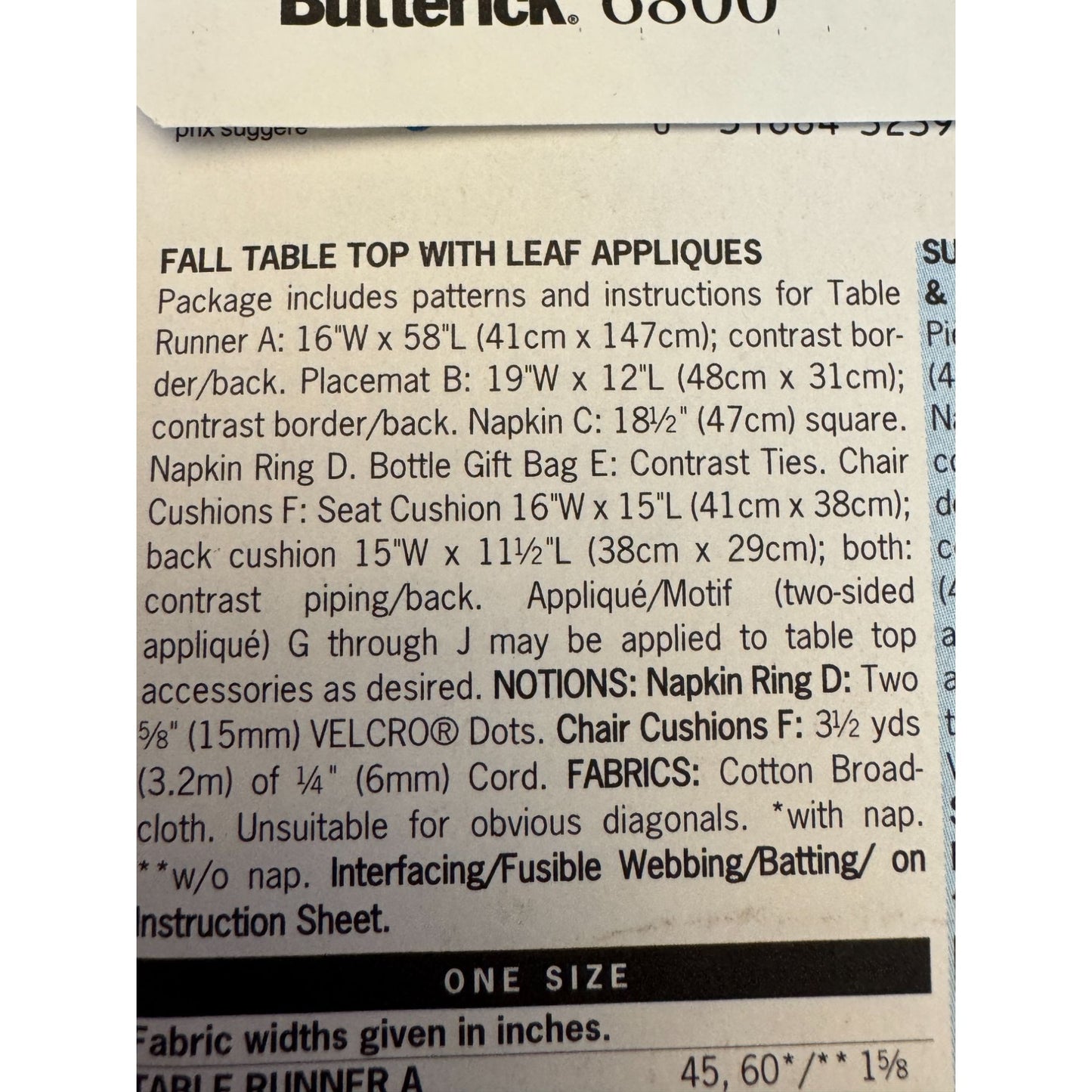 Butterick Sewing Pattern 6800 Home Decor Fall Leaf Chair Cushion Table Runner Uncut