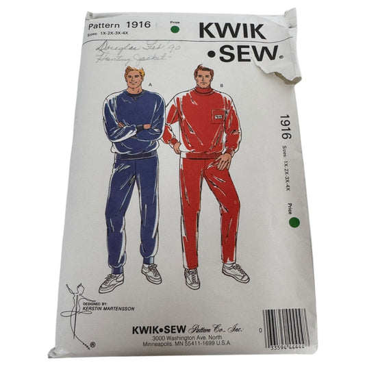 Kwik Sew Sewing Pattern 1916 Mens Sweatsuit Jogging Suits Athletic Shirt 1X-4X