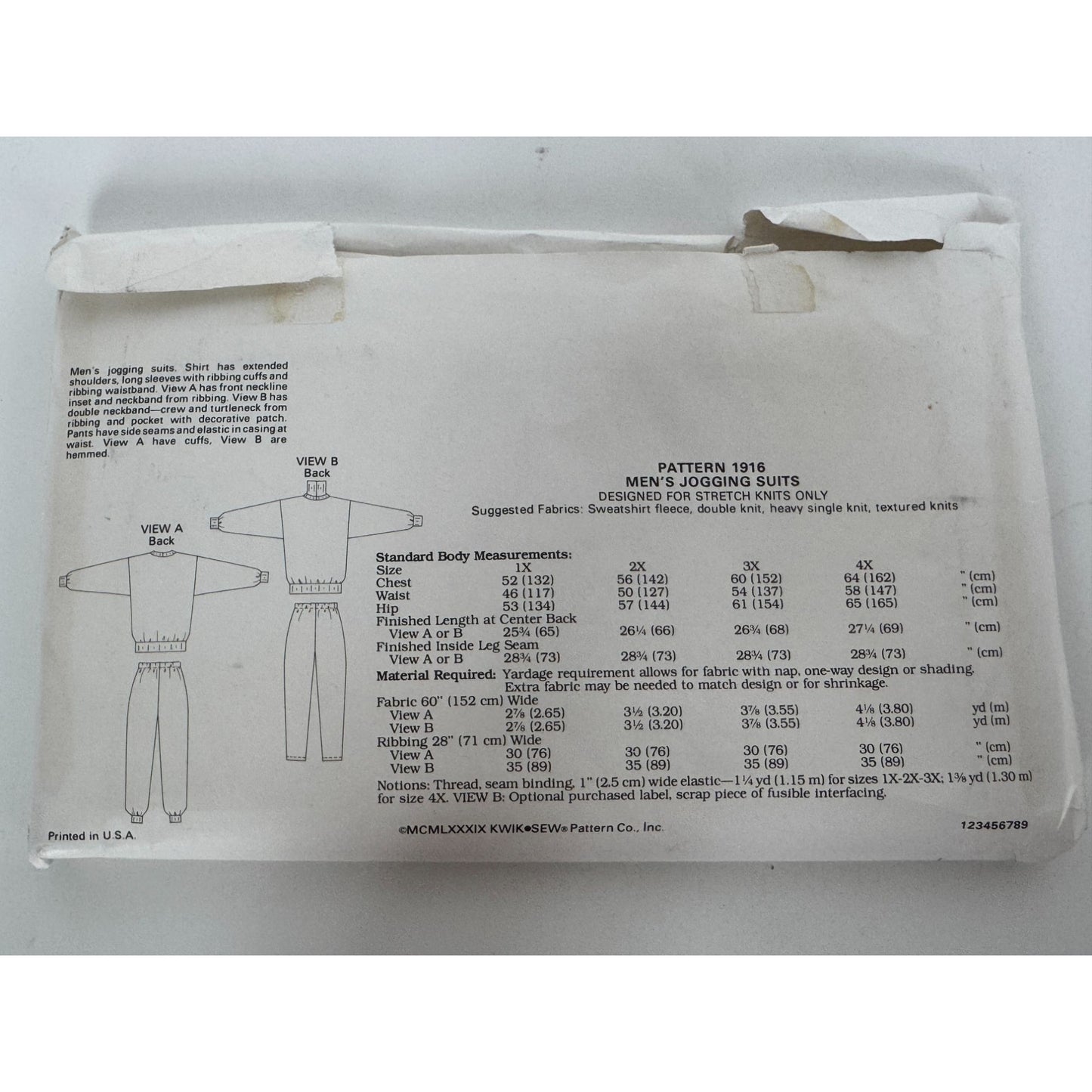 Kwik Sew Sewing Pattern 1916 Mens Sweatsuit Jogging Suits Athletic Shirt 1X-4X