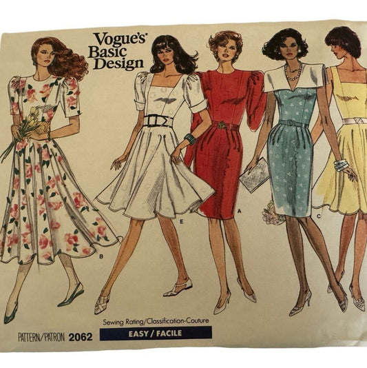 Vogue Sewing Pattern 2062 80s Fit Flare Dress Puff Sleeve Party Vintage 14-18 Uncut