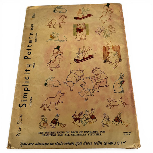 Simplicity Pattern 1679 Vintage Embroidery Animal Motifs Transfer Rabbit Duck Fox