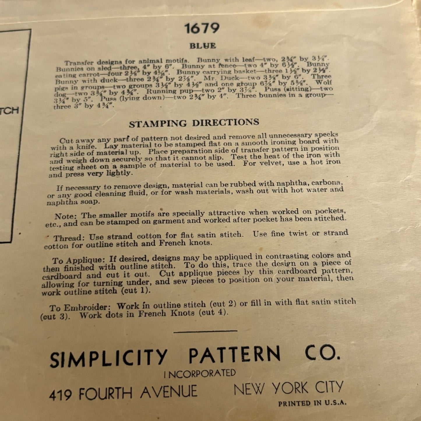 Simplicity Pattern 1679 Vintage Embroidery Animal Motifs Transfer Rabbit Duck Fox