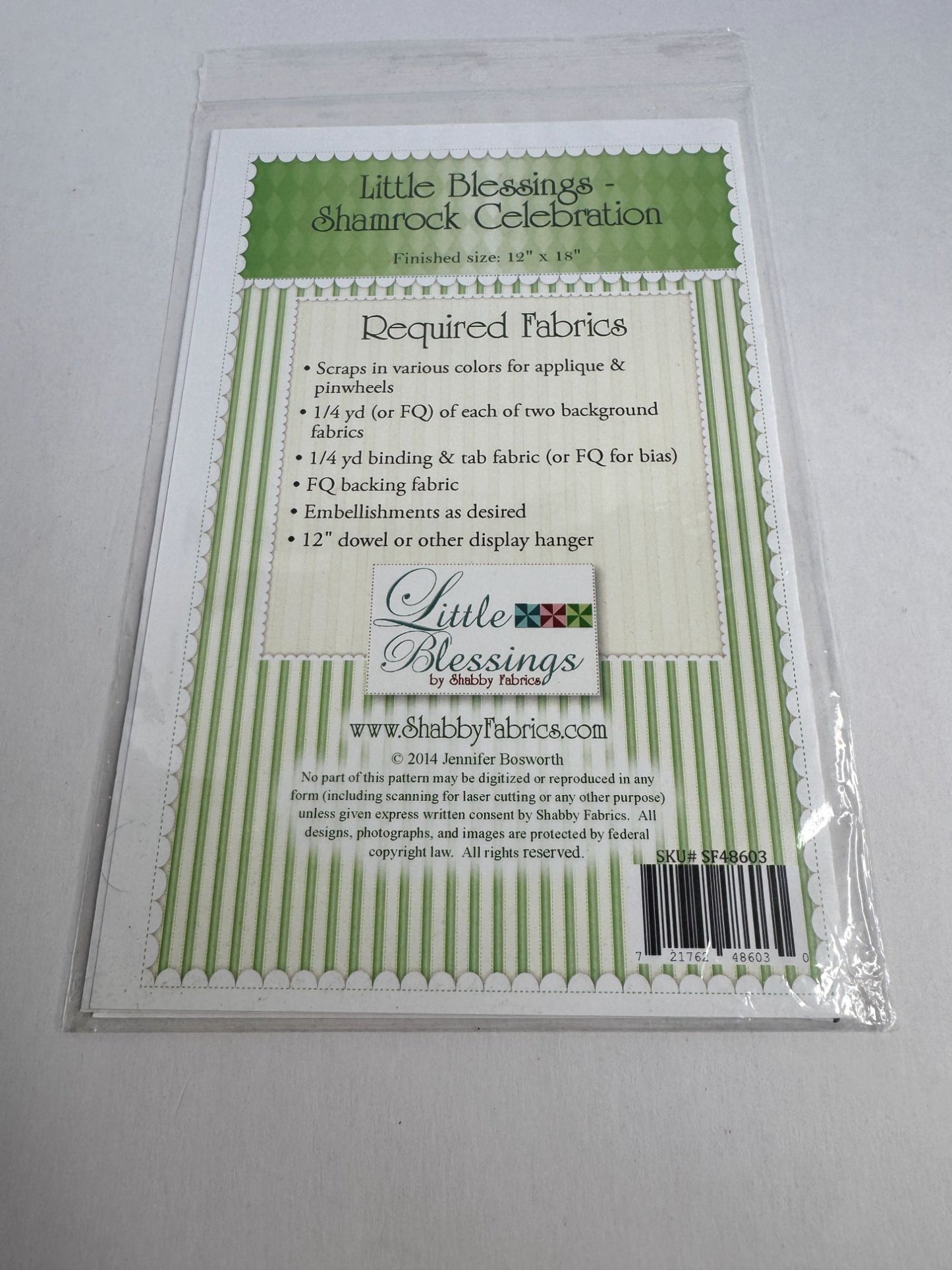 Shabby Fabrics Quilt Pattern Shamrock Leprechaun Hat St Patricks Day Irish Wall Hanging
