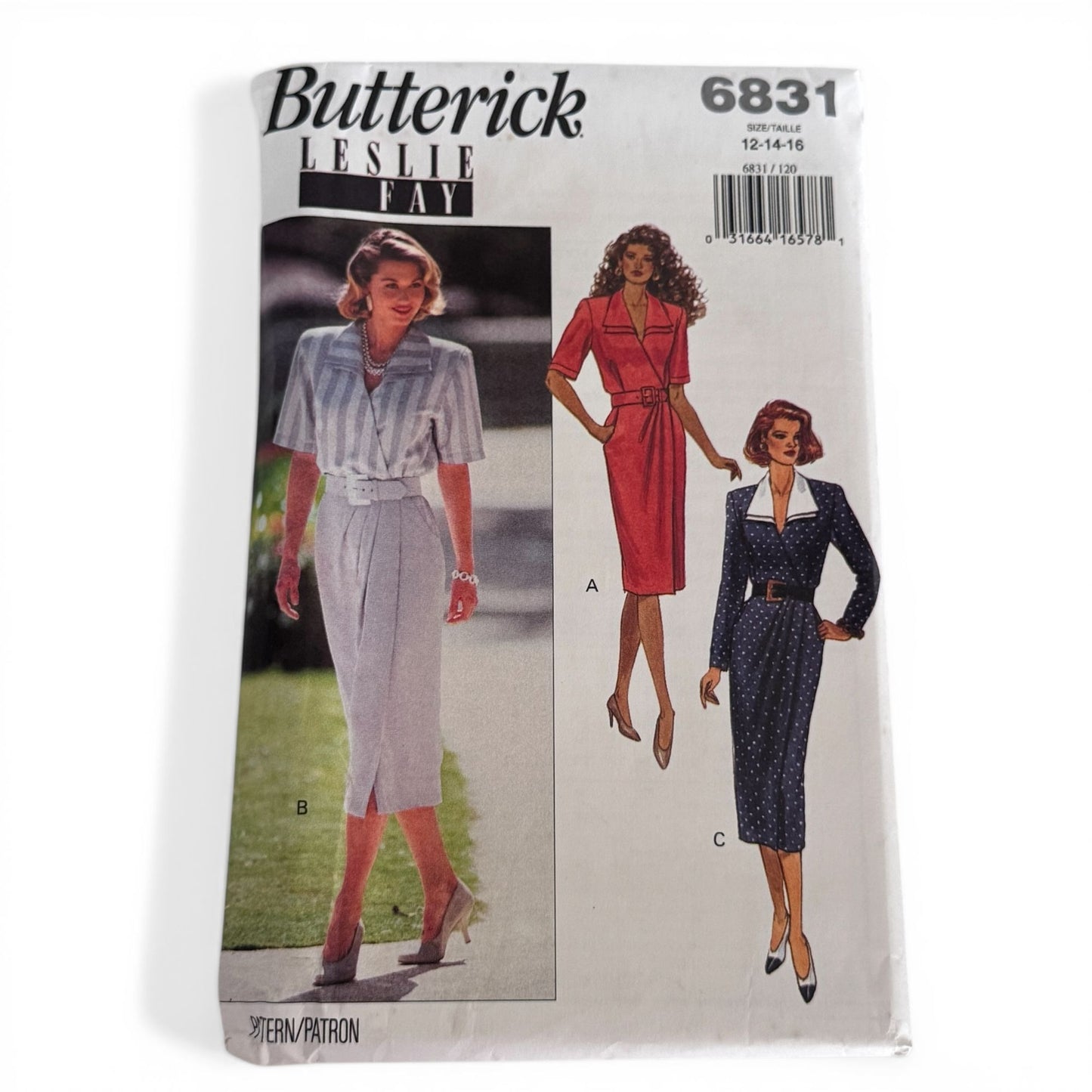 Butterick Sewing Pattern 6831 Leslie Fay 1990s Misses Mock Wrap Dress 12-16 Uncut