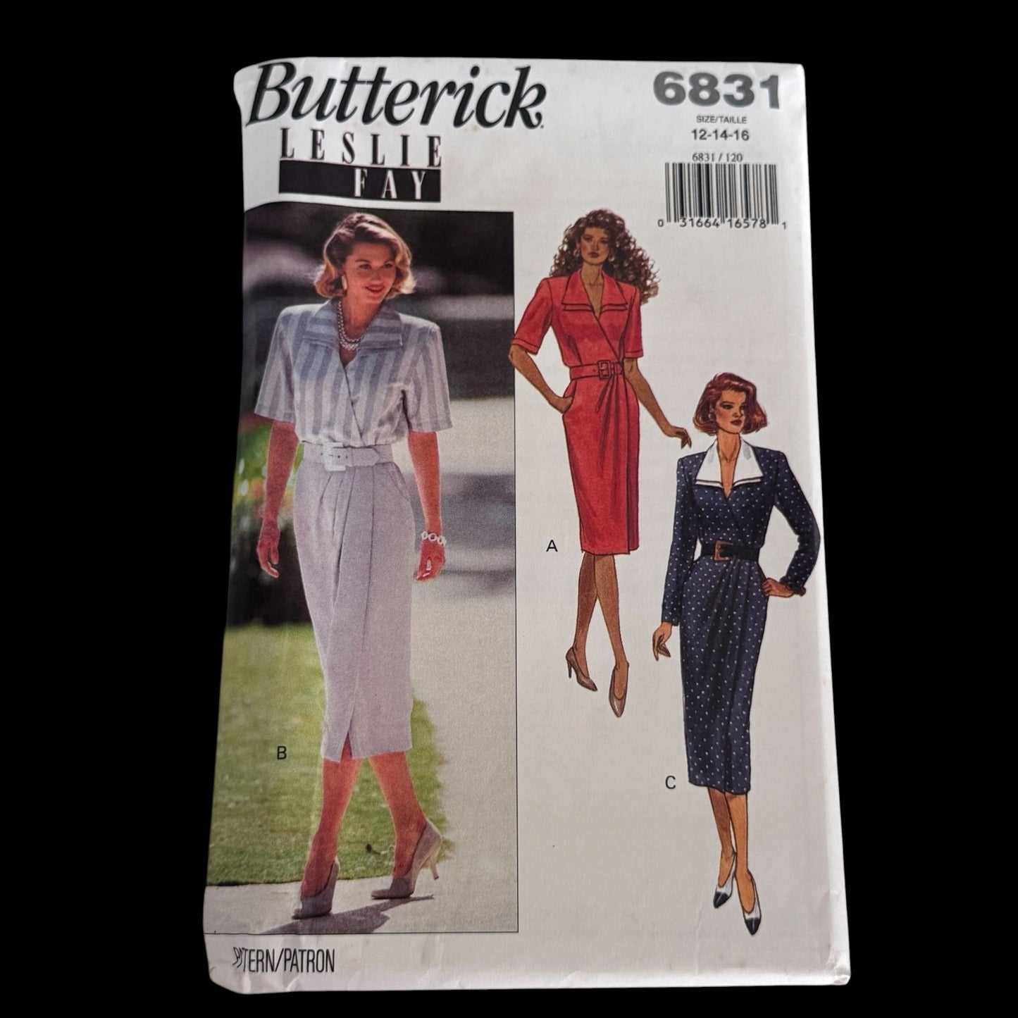 Butterick Sewing Pattern 6831 Leslie Fay 1990s Misses Mock Wrap Dress 12-16 Uncut