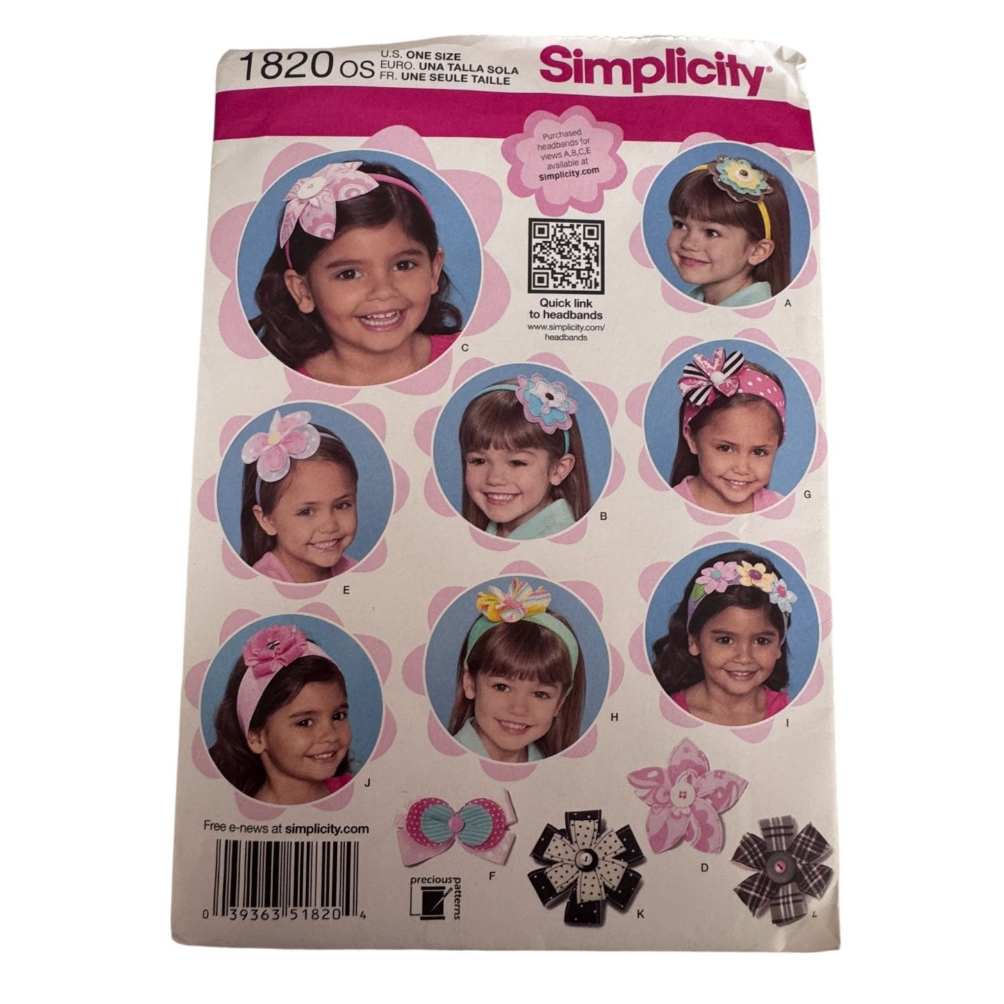 Simplicity Sewing Pattern 1820 Little Girls Flower Headbands Hair Accessories Fabric Bows Uncut