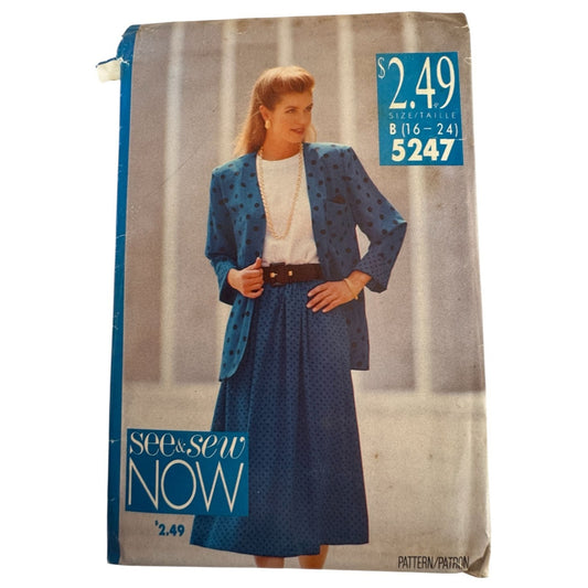 Vintage 90s Power Suit Sewing Pattern Butterick 5247 Oversized Blazer Skirt Set 16-24 Uncut